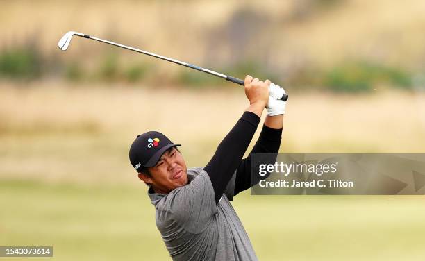 Byeong Hun An of South Korea plays his second shot on the 1st hole during Day Two of the Genesis Scottish Open at The Renaissance Club on July 14,...
