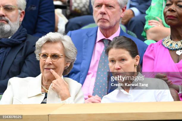 Birgitte, Duchess of Gloucester and Lady Sarah Chatto attend day twelve of the Wimbledon Tennis Championships at All England Lawn Tennis and Croquet...