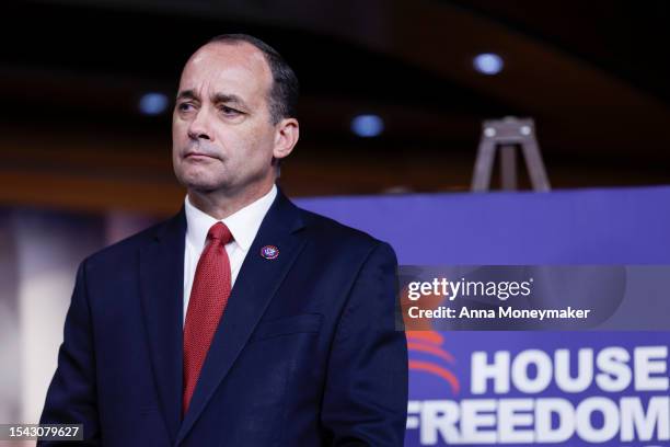 Rep. Bob Good listens during a press conference on the National Defense Authorization Act with members of the House Freedom Caucus on July 14, 2023...