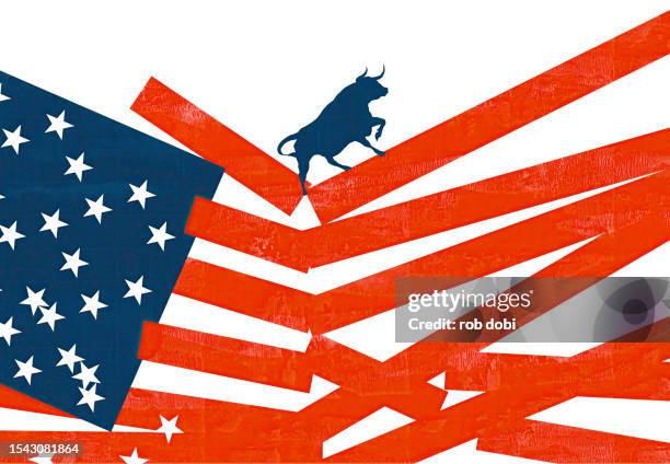 bull and financial collapse - bull flag stock pictures, royalty-free photos & images