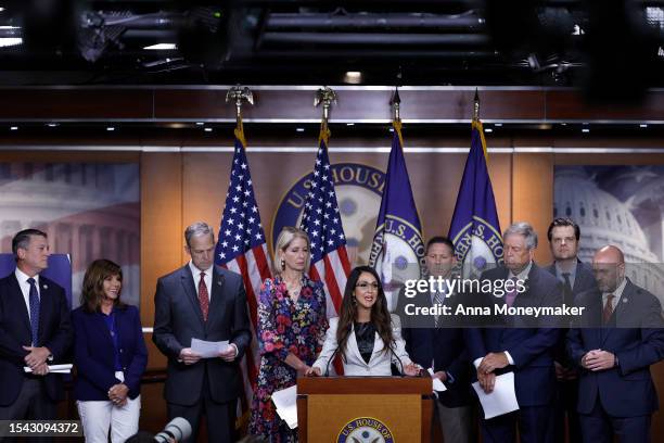 Rep. Lauren Boebert speaks during a press conference on the National Defense Authorization Act with members of the House Freedom Caucus on July 14,...