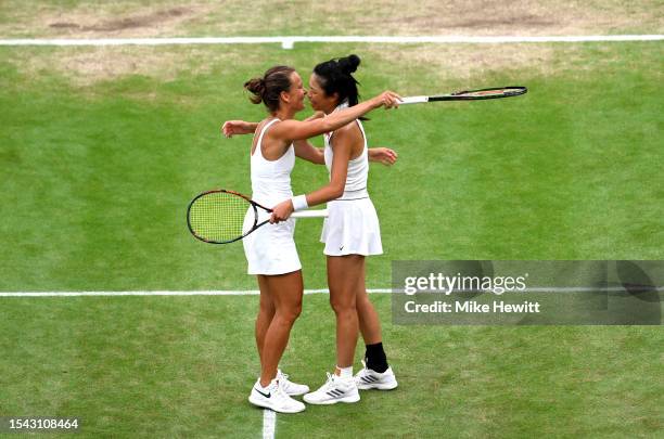 Barbora Strycova of Czech Republic celebrates with Su-Wei Hsieh of Chinese Taipei following their victory in the Women's Doubles Semi Finals against...