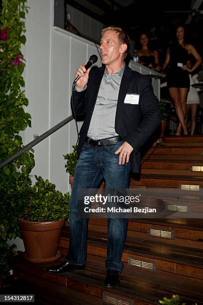 Host Steve Jordan speaks at Exceptional Children's Foundation Fundraising Gala at SkyBar at the Mondrian Los Angeles on October 17, 2012 in West...