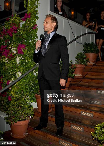 Host Steve Jordan speaks at Exceptional Children's Foundation Fundraising Gala at SkyBar at the Mondrian Los Angeles on October 17, 2012 in West...