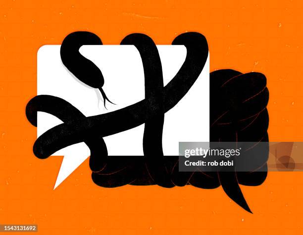 snake wrapped around a text message bubble - fraud text stock pictures, royalty-free photos & images