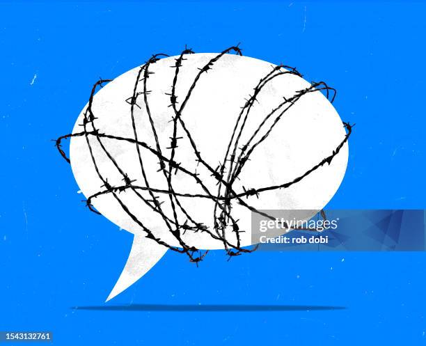 speech bubble is wrapped with barbed wire - barbed wire stock pictures, royalty-free photos & images