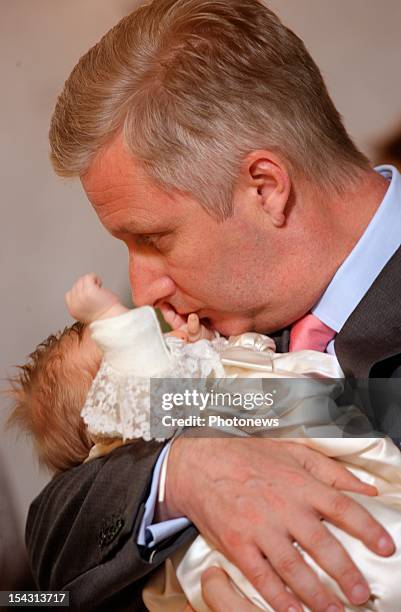 Prince Philippe of Belgium with Princess Eleonore at the baptism of Princess Eleonore.