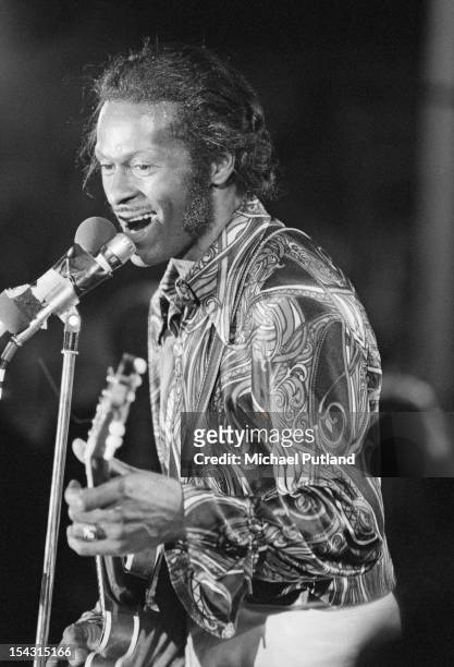 American rock and roll singer and guitarist Chuck Berry performing at the London Rock and Roll Show, Wembley Stadium, London, 5th, August 1972.