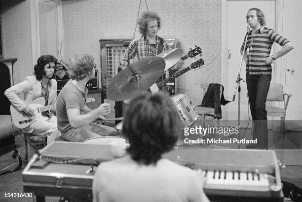 English rock group Family rehearsing in Harlesden, London, 17th July 1972. Left to right: John Whitney, Rob Townsend, Jim Cregan, John Palmer and...
