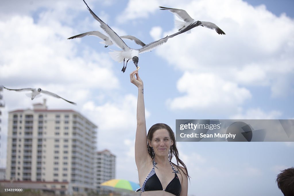 Girl feeding a sea gull on the beach