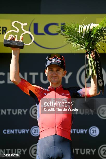 Michal Kwiatkowski of Poland and Team INEOS Grenadiers celebrates at podium as stage winner during the stage thirteen of the 110th Tour de France...