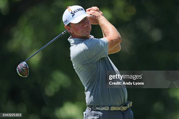 Lucas Glover of the United States plays his shot from the eighth tee during the second round of the Barbasol Championship at Keene Trace Golf Club on...