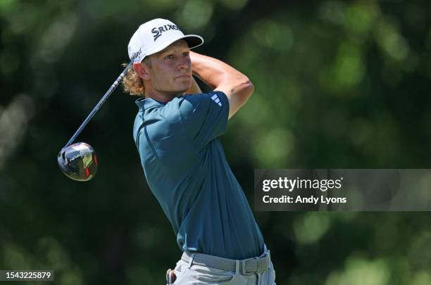 Peter Kuest of the United States plays his shot from the eighth tee during the second round of the Barbasol Championship at Keene Trace Golf Club on...