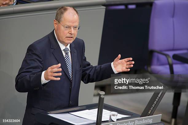 Peer Steinbrueck, Chancellor candidate of the German Social Democrats for the 2013 general election speak at Reichstag, the seat of the German...