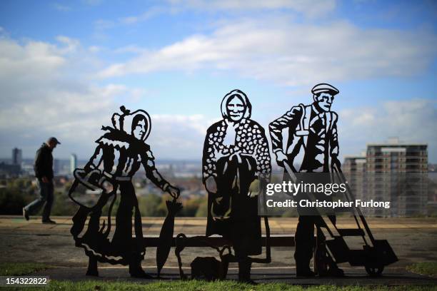 New portrait bench celebrating three local icons Kitty Wilkinson, Molly Bushell and a dock worker overlooks the city of Liverpool from Everton Park...