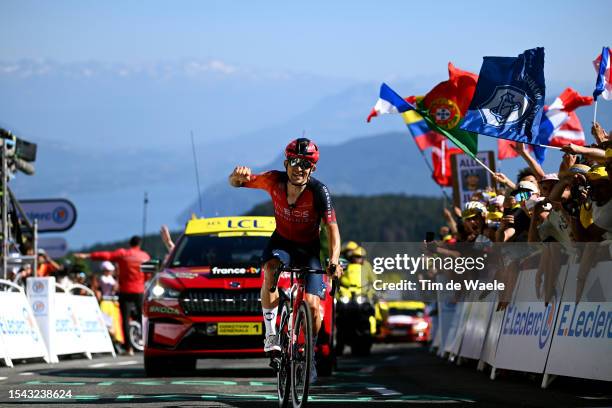 Michal Kwiatkowski of Poland and Team INEOS Grenadiers celebrates at finish line as stage winner during the stage thirteen of the 110th Tour de...