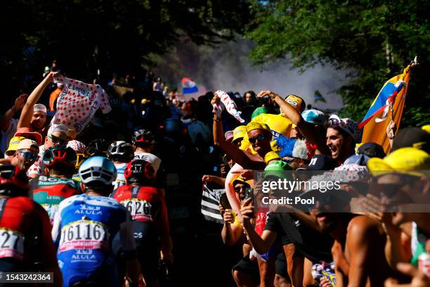 The fans cheer the peloton during the stage thirteen of the 110th Tour de France 2023 a 137.8km stage from Châtillon-Sur-Chalaronne to Grand...