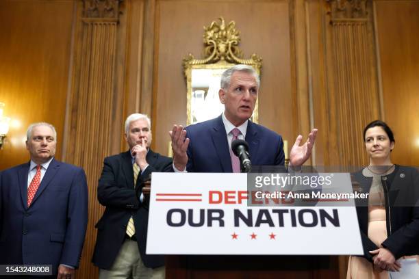 Speaker of the House Kevin McCarthy speaks to reporters during a news conference after the passage of the National Defense Authorization Act at the...