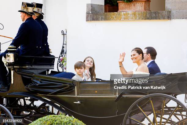 Prince Oscar of Sweden, Princess Estelle of Sweden, Crown Princess Victoria of Sweden and Prince Daniel of Sweden during a carriage ride during the...