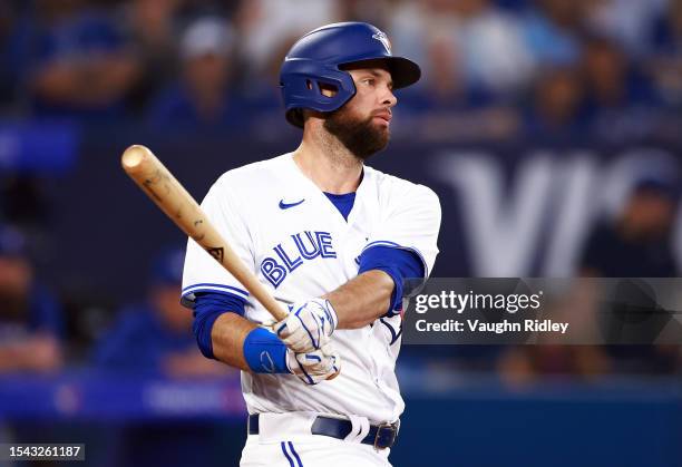 Brandon Belt of the Toronto Blue Jays bats against the San Francisco Giants at Rogers Centre on June 29, 2023 in Toronto, Ontario, Canada.