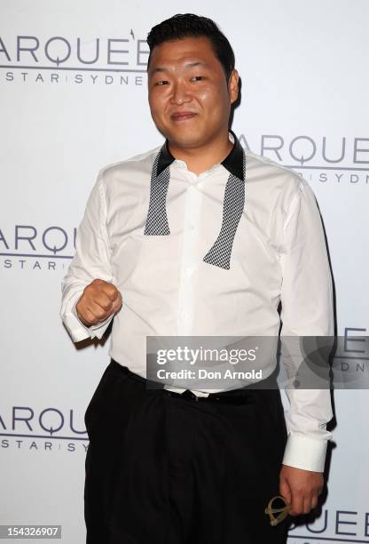 South Korean rapper Psy arrives for his only night club performance during his Sydney visit at Marquee at the Star on October 18, 2012 in Sydney,...