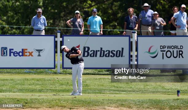Taylor Pendrith of Canada plays his shot from the ninth tee during the second round of the Barbasol Championship at Keene Trace Golf Club on July 14,...
