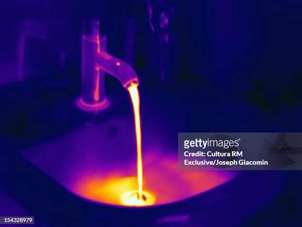 thermal view of running faucet - thermal image stock-fotos und bilder