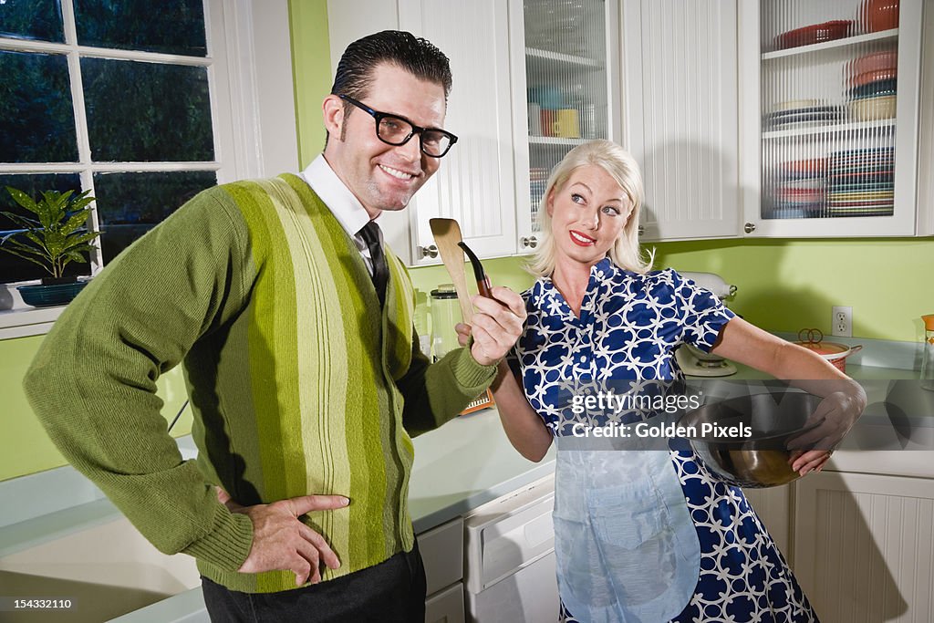 Retro couple enjoying domestic life