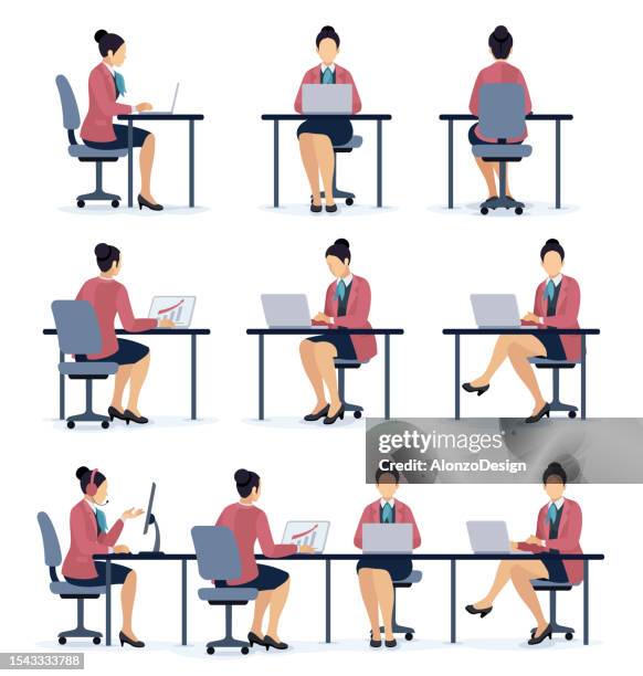 stockillustraties, clipart, cartoons en iconen met businesspeople analyzing financial data on charts and graphs. conference meeting planning report market analysis accounting. traders at work. financial analyst. businesswomen sitting at desk. - frontaal