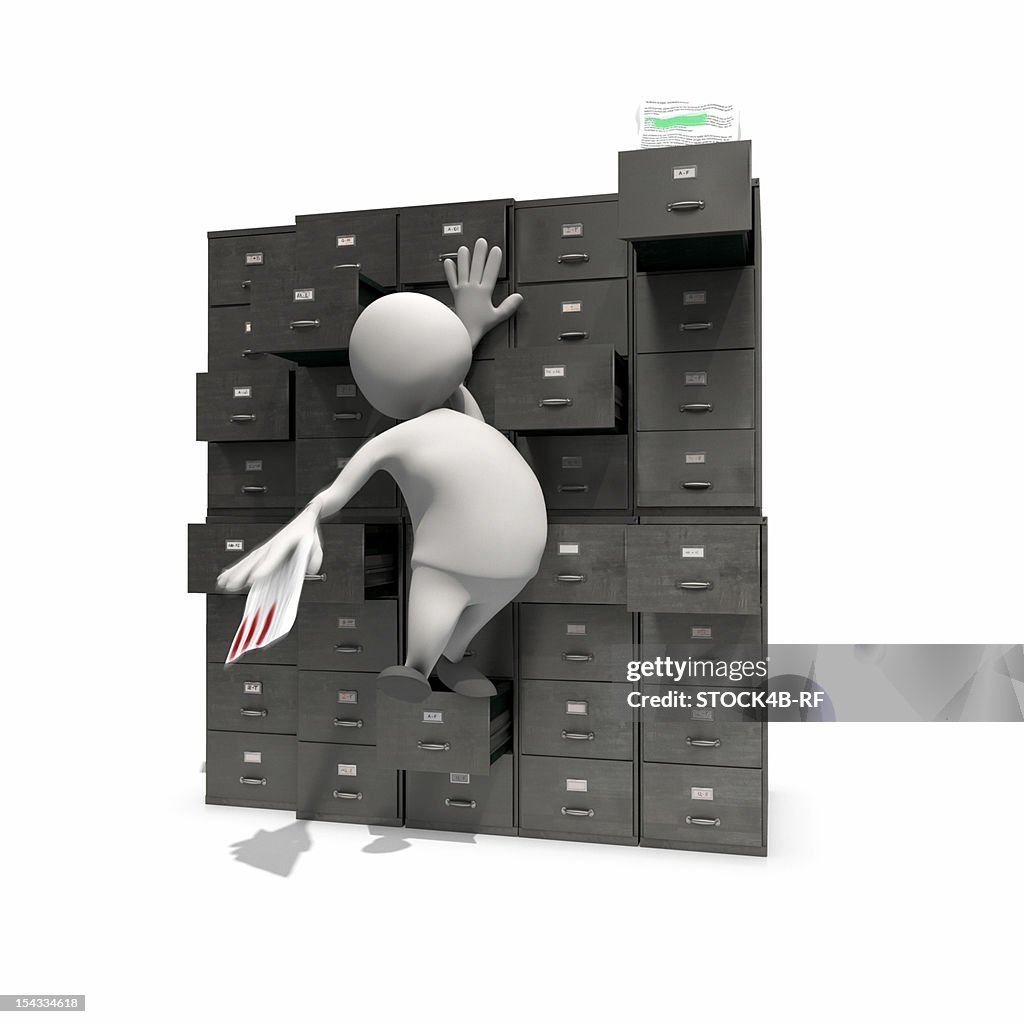 Anthropomorphic figure reaching for distant drawer at cabinet, CGI