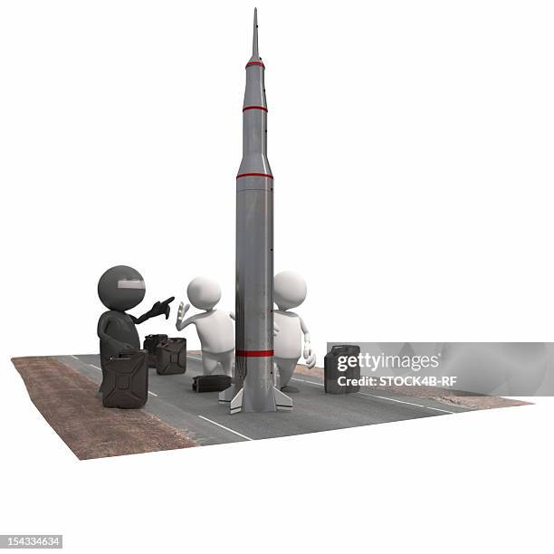 three anthropomorphic figures with rocket and fuel cans, cgi - dark empty studio stock illustrations