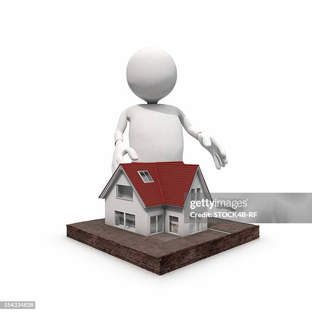 stockillustraties, clipart, cartoons en iconen met anthropomorphic figure standing at home, cgi - model van een huis