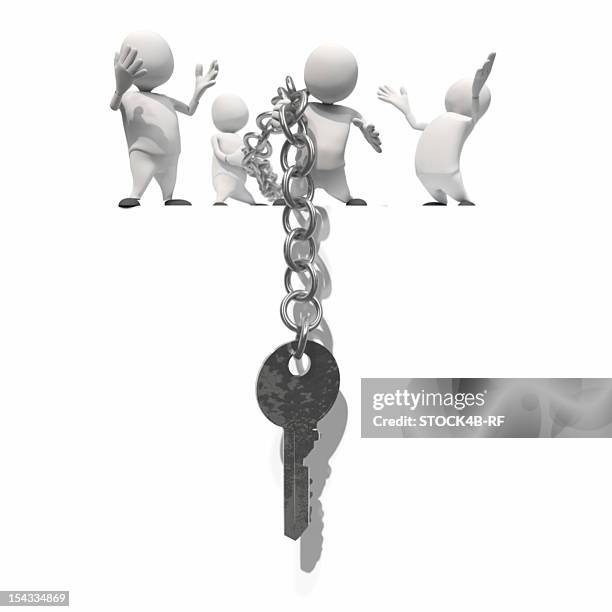anthropomorphic figures holding chain with key, cgi - holding keys on white stock illustrations
