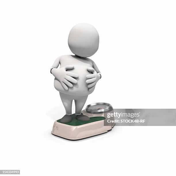 overweighed anthropomorphic figure standing on scales, cgi - bathroom scale stock illustrations