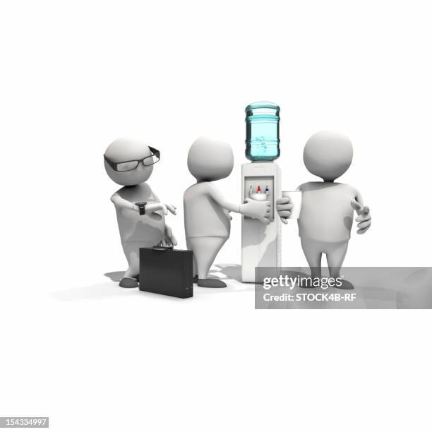 three anthropomorphic figures standing around water dispenser, cgi - different mugs stock illustrations
