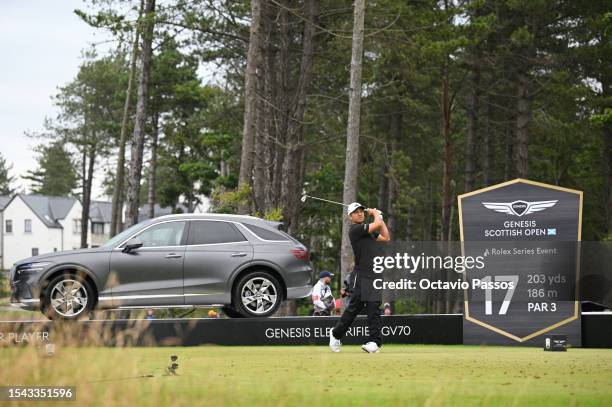 Xander Schauffele of the United States tees off on the 17th hole during Day Two of the Genesis Scottish Open at The Renaissance Club on July 14, 2023...