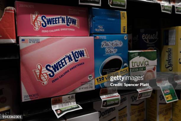Products containing the artificial sweetener Aspartame, including Sweet'N Low, are displayed on a store shelf on July 14, 2023 in New York City. The...