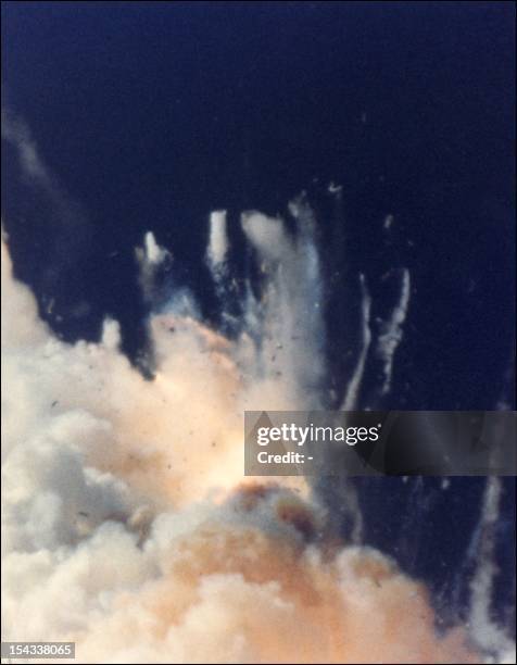 This photo, released by NASA, of the 28 January explosion which destroyed the Space shuttle Challenger and killed all seven crew members 75 seconds...