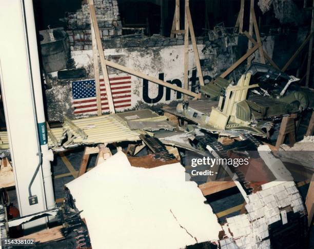 Picture released and taken in April 1986 at Kennedy Space Center shows the wreckage from the Space Shuttle Challenger displayed in the Logistic...