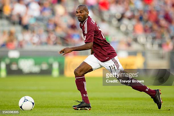 Omar Cummings of the Colorado Rapids controls the ball against Chivas USA during their MLS match at Dick's Sporting Goods Park September 18, 2012 in...