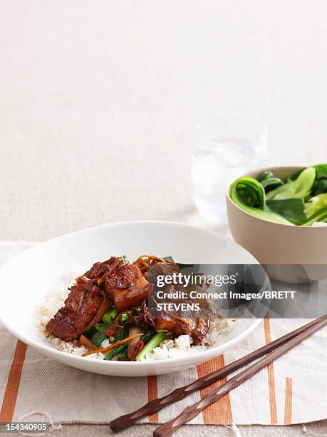 braised meat with vegetables and rice - stir fried pork stock pictures, royalty-free photos & images