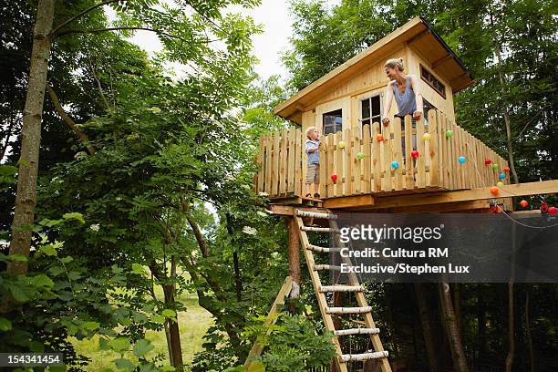 mother and son talking in treehouse - tree house bildbanksfoton och bilder