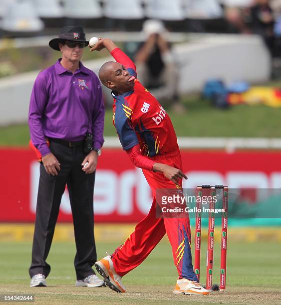 Aaron Phangiso of the Highveld Lions during the Karbonn Smart CLT20 match between bizbub Highveld Lions and Sydney Sixers at Sahara Park Newlands on...