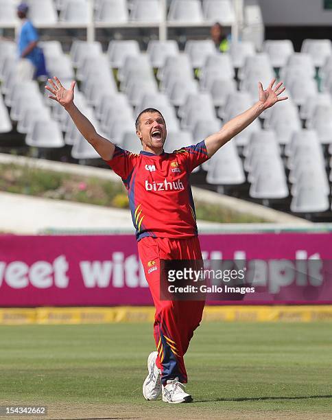 Dirk Nannes of the Highveld Lions during the Karbonn Smart CLT20 match between bizbub Highveld Lions and Sydney Sixers at Sahara Park Newlands on...