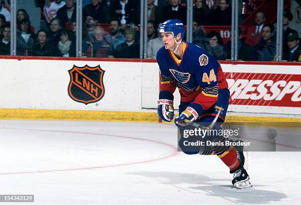 Chris Pronger of the St. Louis Blues skates in a game against the Montreal Canadiens Circa 1990 at the Montreal Forum in Montreal, Quebec, Canada.