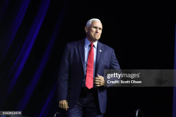 Republican presidential candidate, former Vice President Mike Pence speaks to guests at the Family Leadership Summit on July 14, 2023 in Des Moines,...