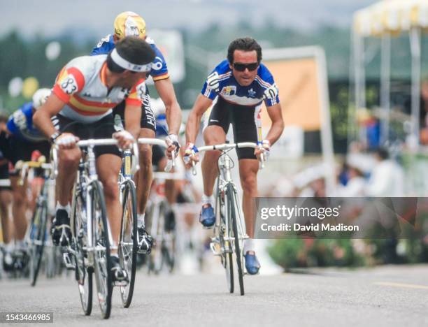 Bernard Hinault of France rides in the Men's Pro Road Race at the 1986 UCI World Cycling Championships on September 6, 1986 on the roads of the...