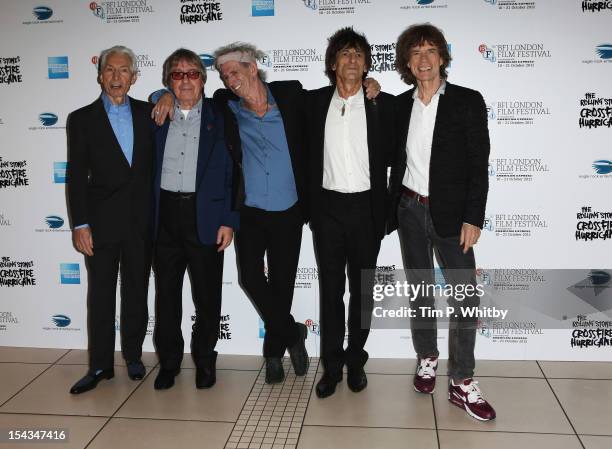 Charlie Watts, Bill Wyman, Keith Richards Ronnie Wood and Mick Jagger of the Rolling Stones attend the Premiere of 'Crossfire Hurricane' during the...