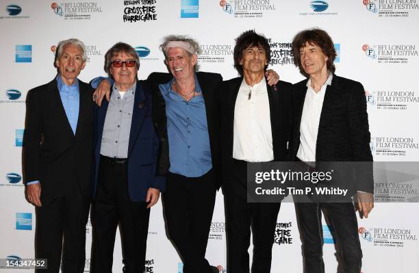 Charlie Watts, Bill Wyman, Keith Richards Ronnie Wood and Mick Jagger of the Rolling Stones attend the Premiere of 'Crossfire Hurricane' during the...