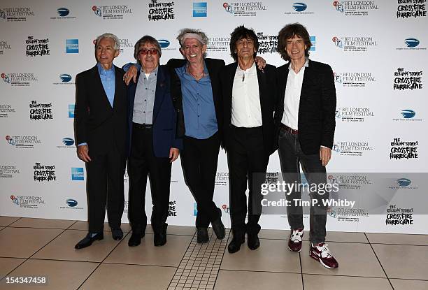 Charlie Watts, Bill Wyman, Keith Richards Ronnie Wood and Mick Jagger of the Rolling Stones attend the Premiere of 'Crossfire Hurricane' during the...